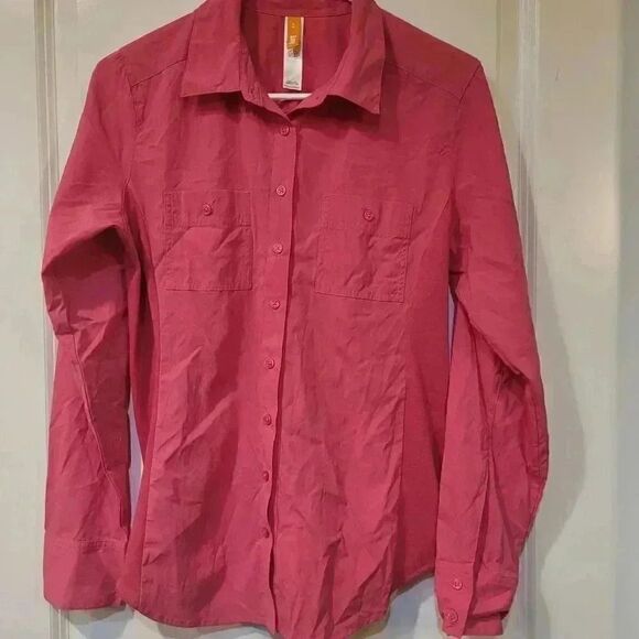 Lucy Women's Hot Pink Nylon/Spandex Long Sleeve Button Down Shirt EUC sz M - Picture 2 of 10